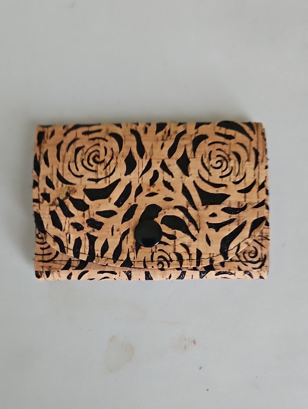 Cork Floral Compact Wallet - Black on Natural